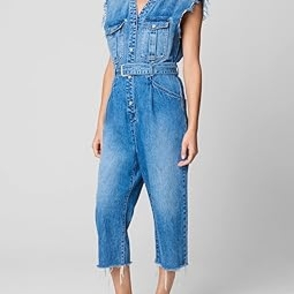 Blank NYC Denim Jumpsuit Belt Crop Raw Straight Leg‎ Sleeveless Snap Button M